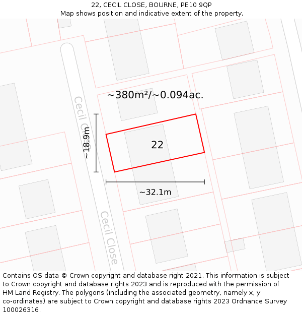 22, CECIL CLOSE, BOURNE, PE10 9QP: Plot and title map
