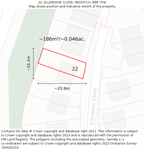 22, ELLERDENE CLOSE, REDDITCH, B98 7PW: Plot and title map