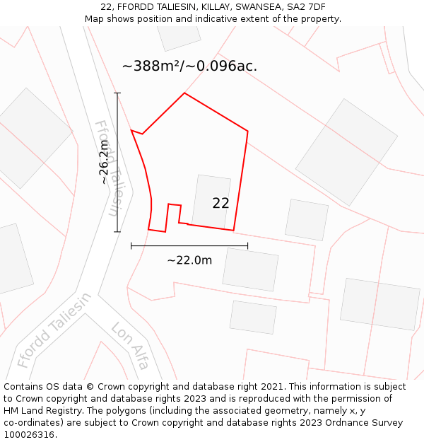 22, FFORDD TALIESIN, KILLAY, SWANSEA, SA2 7DF: Plot and title map