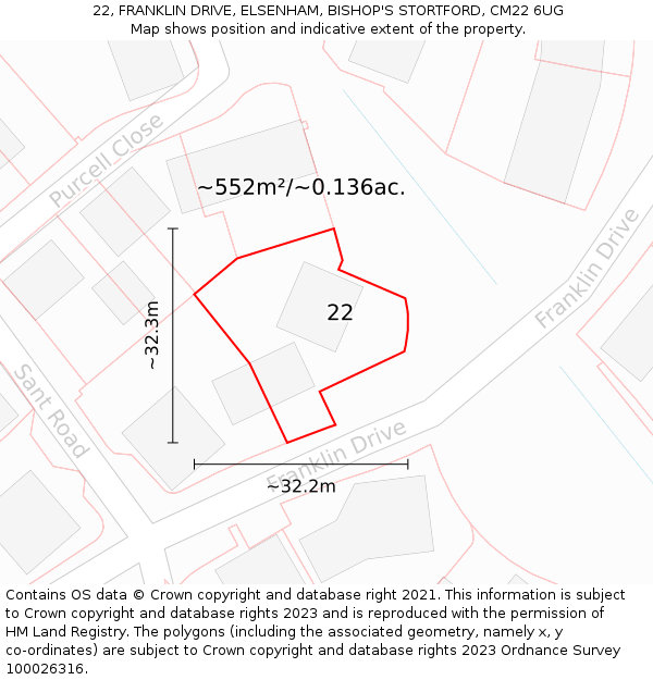 22, FRANKLIN DRIVE, ELSENHAM, BISHOP'S STORTFORD, CM22 6UG: Plot and title map