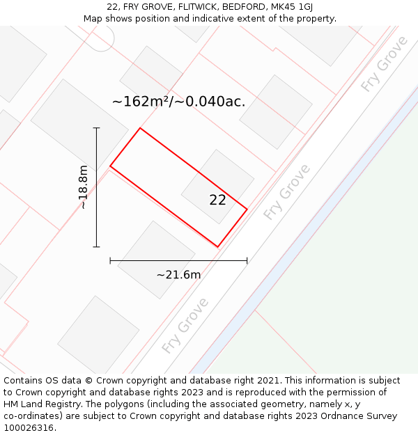 22, FRY GROVE, FLITWICK, BEDFORD, MK45 1GJ: Plot and title map