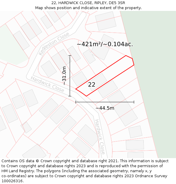 22, HARDWICK CLOSE, RIPLEY, DE5 3SR: Plot and title map