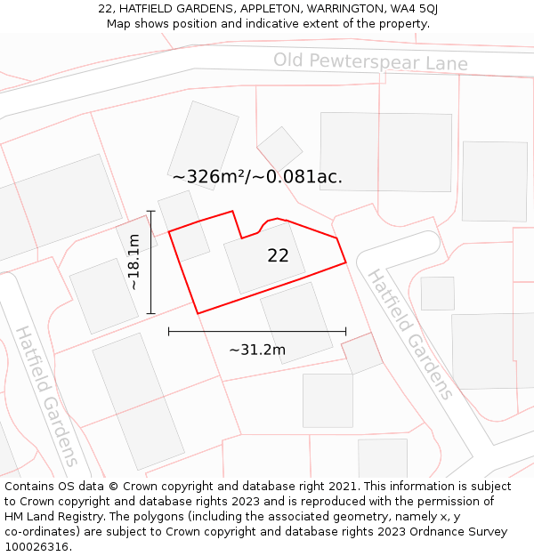 22, HATFIELD GARDENS, APPLETON, WARRINGTON, WA4 5QJ: Plot and title map