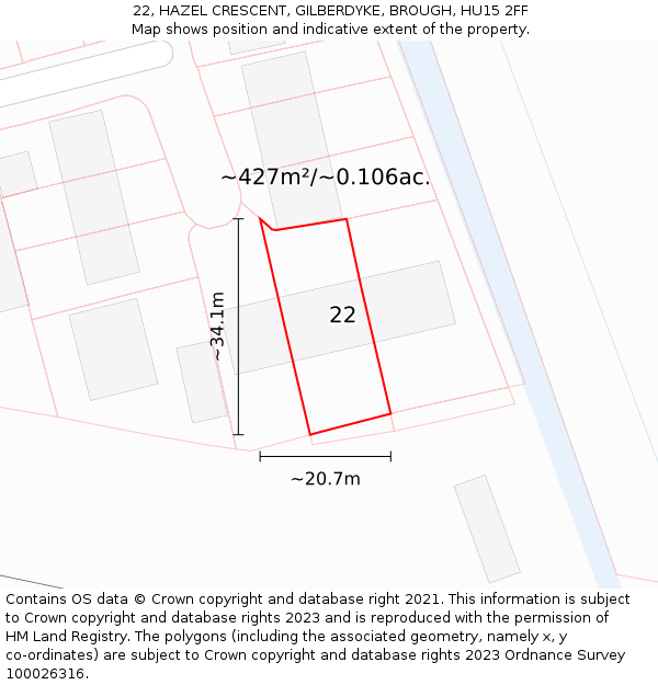 22, HAZEL CRESCENT, GILBERDYKE, BROUGH, HU15 2FF: Plot and title map