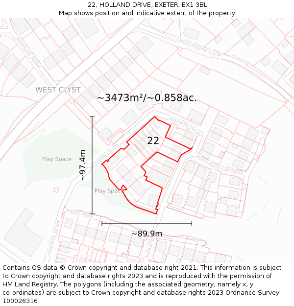 22, HOLLAND DRIVE, EXETER, EX1 3BL: Plot and title map