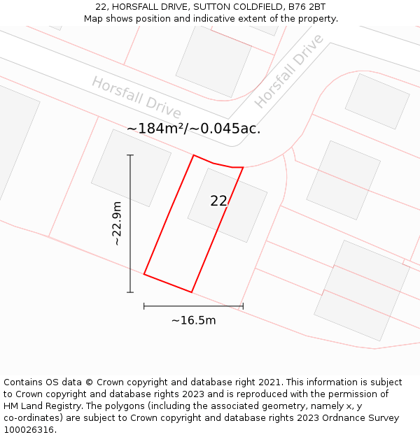 22, HORSFALL DRIVE, SUTTON COLDFIELD, B76 2BT: Plot and title map