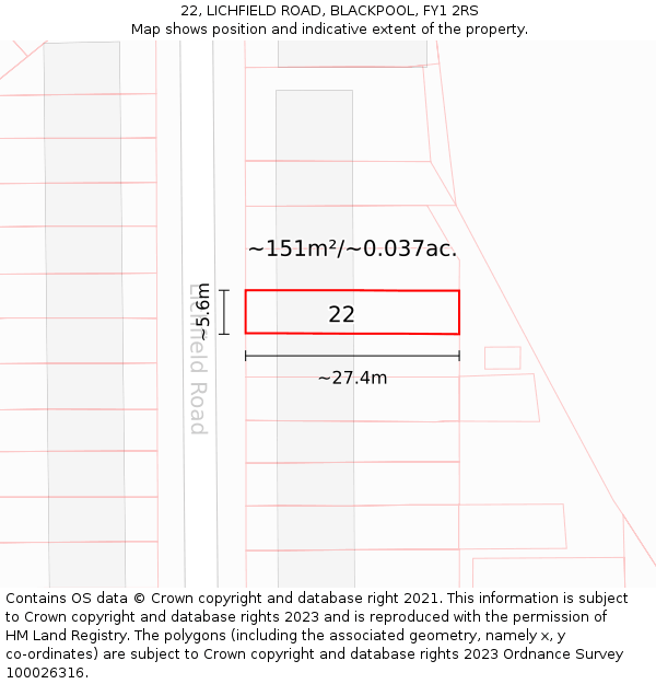 22, LICHFIELD ROAD, BLACKPOOL, FY1 2RS: Plot and title map