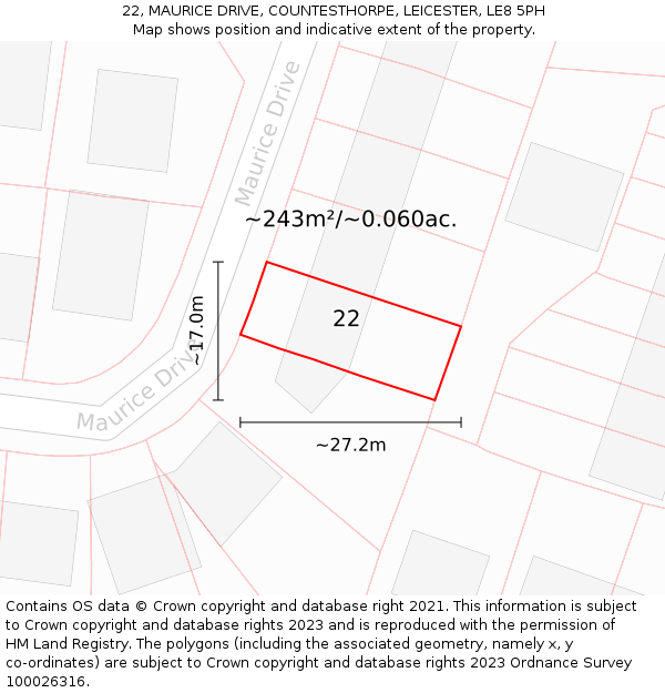 22, MAURICE DRIVE, COUNTESTHORPE, LEICESTER, LE8 5PH: Plot and title map
