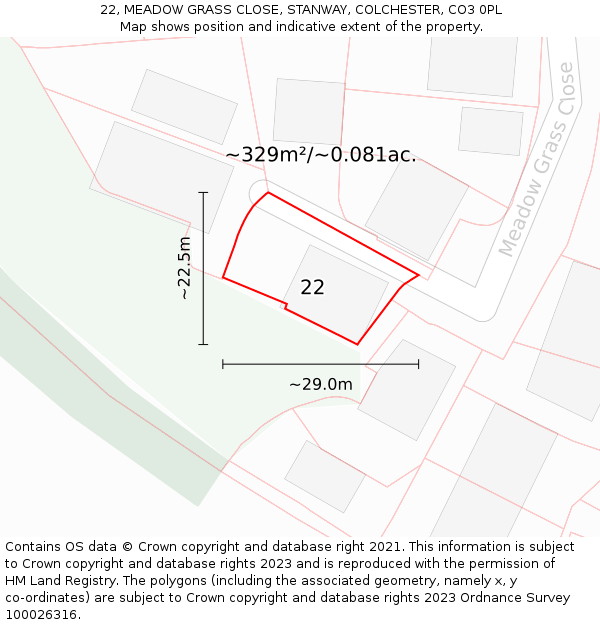 22, MEADOW GRASS CLOSE, STANWAY, COLCHESTER, CO3 0PL: Plot and title map