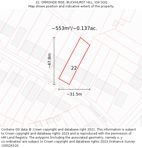22, ORMONDE RISE, BUCKHURST HILL, IG9 5QQ: Plot and title map