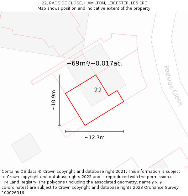 22, PADSIDE CLOSE, HAMILTON, LEICESTER, LE5 1PE: Plot and title map