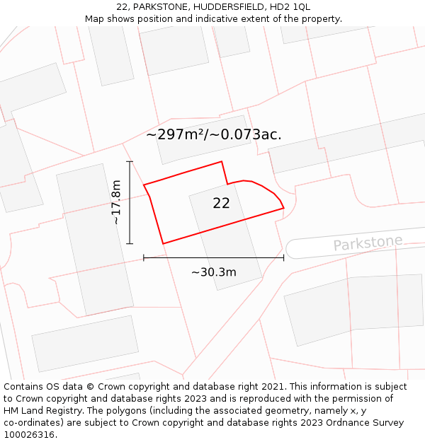 22, PARKSTONE, HUDDERSFIELD, HD2 1QL: Plot and title map
