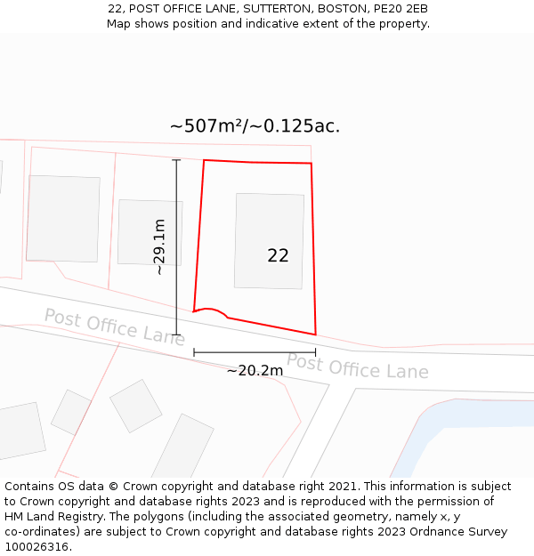22, POST OFFICE LANE, SUTTERTON, BOSTON, PE20 2EB: Plot and title map