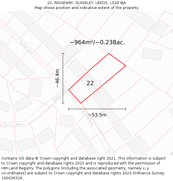22, RIDGEWAY, GUISELEY, LEEDS, LS20 8JA: Plot and title map