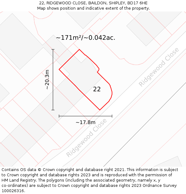 22, RIDGEWOOD CLOSE, BAILDON, SHIPLEY, BD17 6HE: Plot and title map