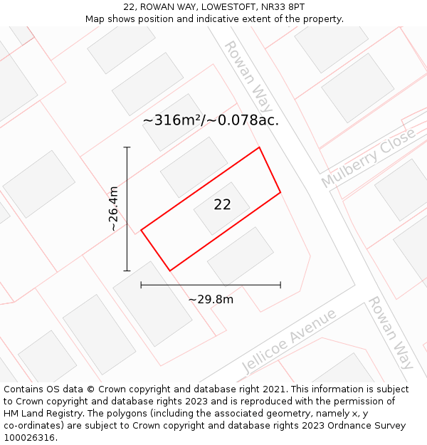 22, ROWAN WAY, LOWESTOFT, NR33 8PT: Plot and title map