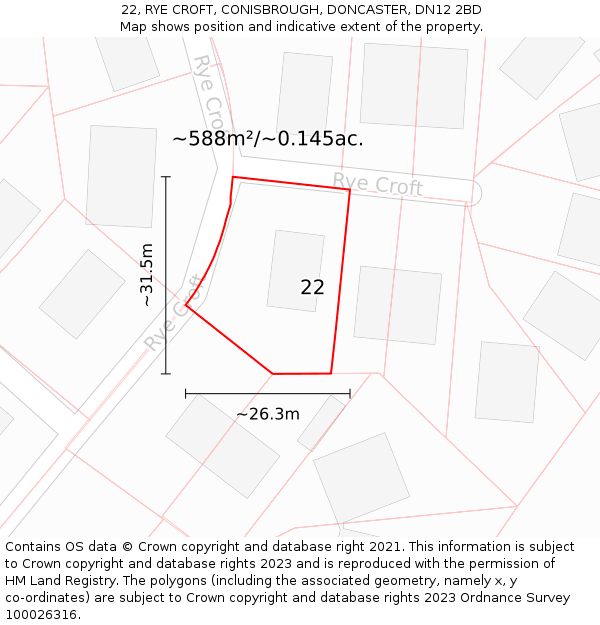 22, RYE CROFT, CONISBROUGH, DONCASTER, DN12 2BD: Plot and title map