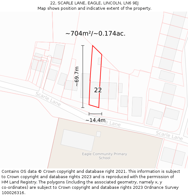22, SCARLE LANE, EAGLE, LINCOLN, LN6 9EJ: Plot and title map