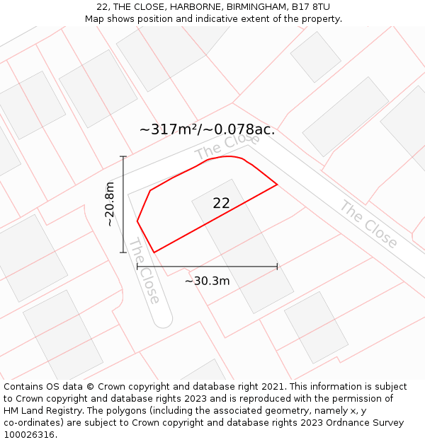 22, THE CLOSE, HARBORNE, BIRMINGHAM, B17 8TU: Plot and title map