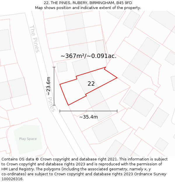 22, THE PINES, RUBERY, BIRMINGHAM, B45 9FD: Plot and title map