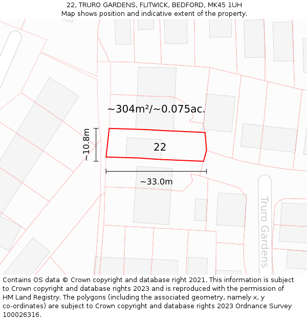 22, TRURO GARDENS, FLITWICK, BEDFORD, MK45 1UH: Plot and title map