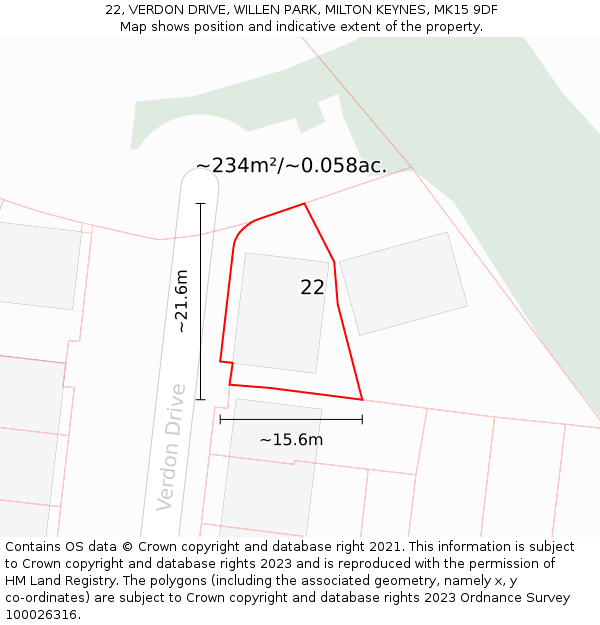 22, VERDON DRIVE, WILLEN PARK, MILTON KEYNES, MK15 9DF: Plot and title map