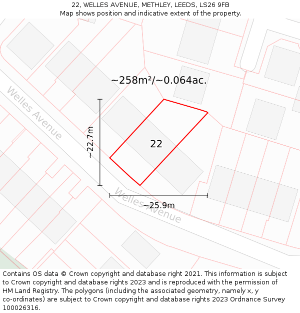 22, WELLES AVENUE, METHLEY, LEEDS, LS26 9FB: Plot and title map
