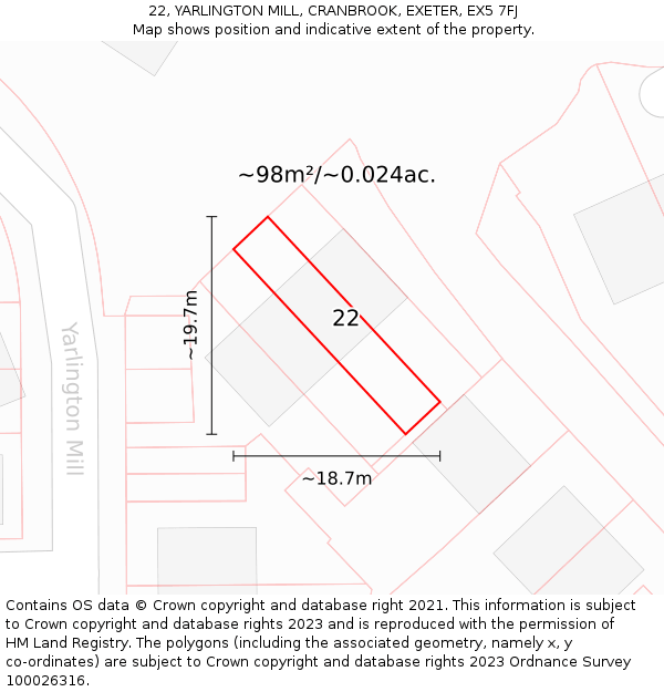22, YARLINGTON MILL, CRANBROOK, EXETER, EX5 7FJ: Plot and title map