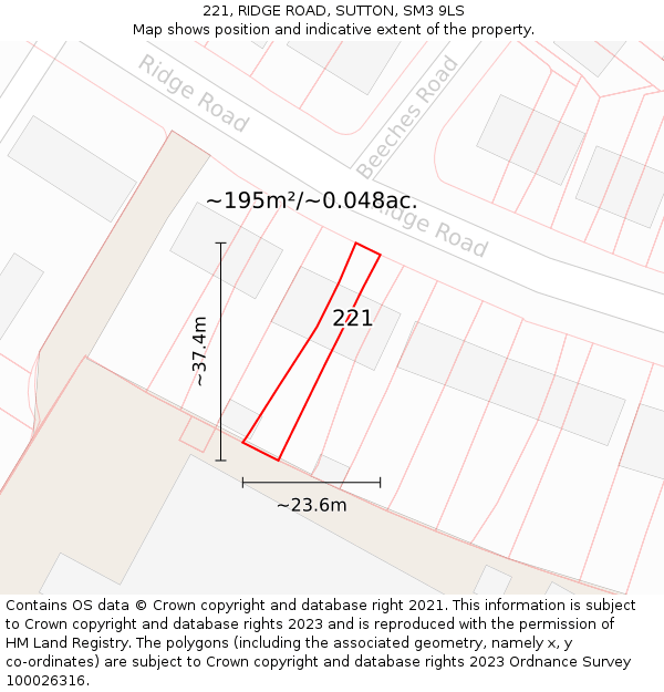 221, RIDGE ROAD, SUTTON, SM3 9LS: Plot and title map
