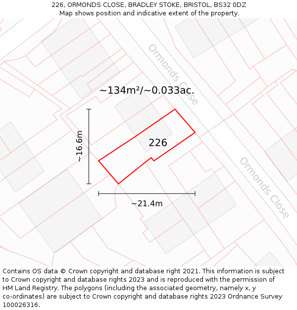 226, ORMONDS CLOSE, BRADLEY STOKE, BRISTOL, BS32 0DZ: Plot and title map