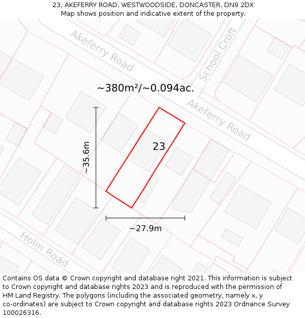 23, AKEFERRY ROAD, WESTWOODSIDE, DONCASTER, DN9 2DX: Plot and title map