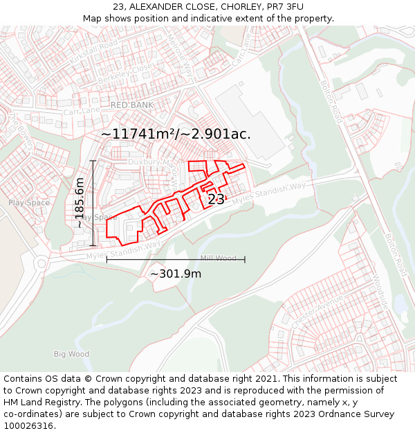 23, ALEXANDER CLOSE, CHORLEY, PR7 3FU: Plot and title map