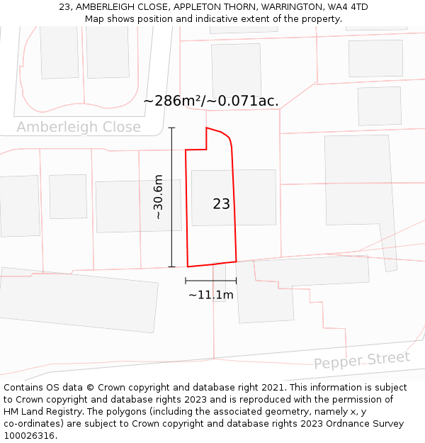 23, AMBERLEIGH CLOSE, APPLETON THORN, WARRINGTON, WA4 4TD: Plot and title map