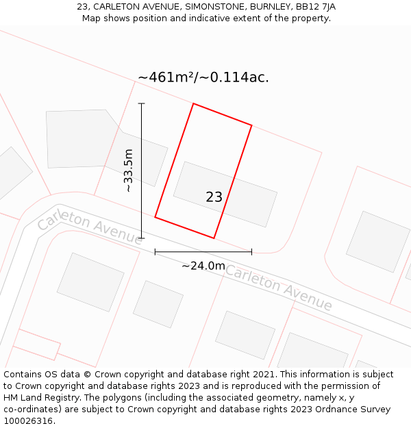 23, CARLETON AVENUE, SIMONSTONE, BURNLEY, BB12 7JA: Plot and title map