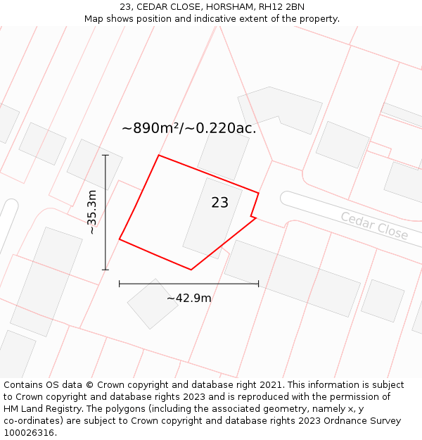 23, CEDAR CLOSE, HORSHAM, RH12 2BN: Plot and title map