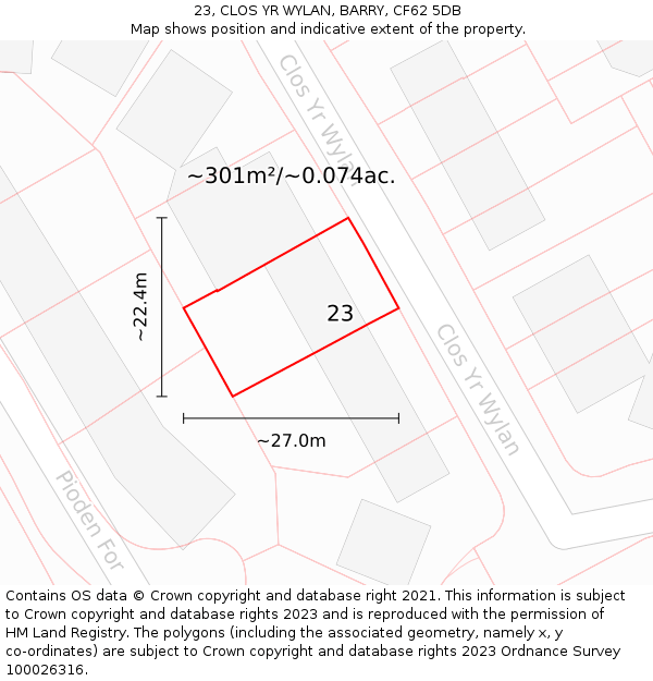 23, CLOS YR WYLAN, BARRY, CF62 5DB: Plot and title map