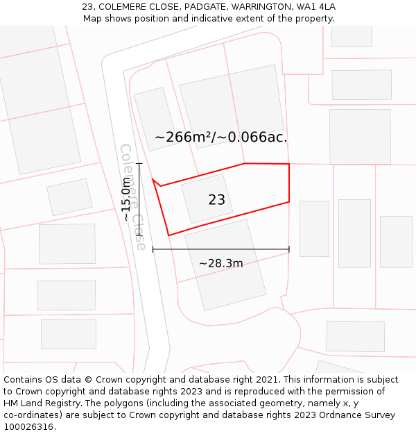 23, COLEMERE CLOSE, PADGATE, WARRINGTON, WA1 4LA: Plot and title map