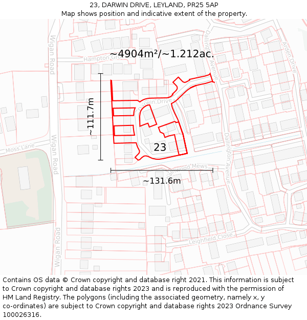 23, DARWIN DRIVE, LEYLAND, PR25 5AP: Plot and title map
