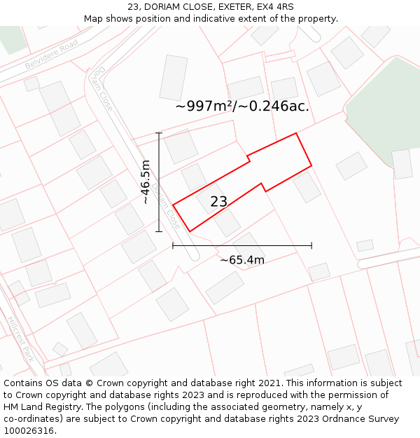 23, DORIAM CLOSE, EXETER, EX4 4RS: Plot and title map