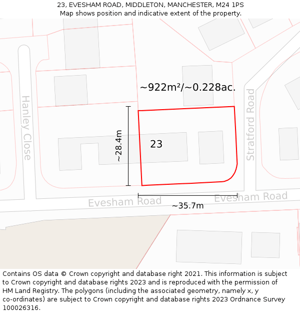23, EVESHAM ROAD, MIDDLETON, MANCHESTER, M24 1PS: Plot and title map