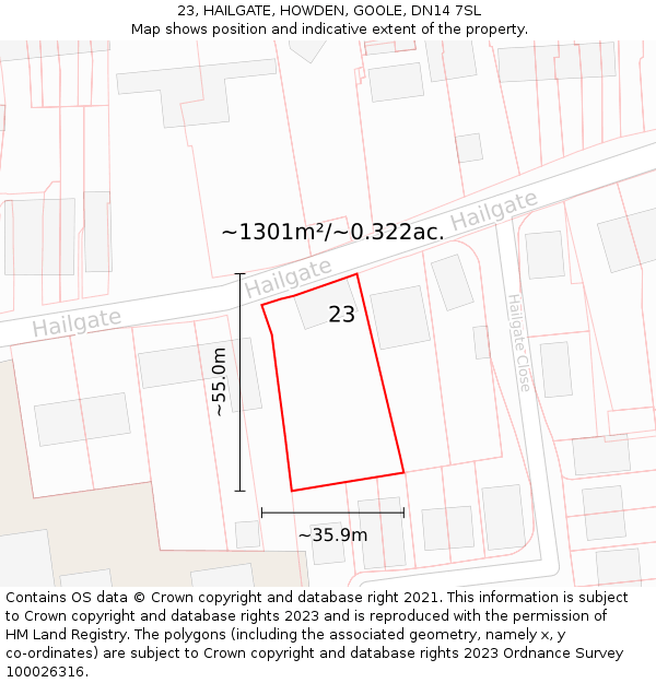 23, HAILGATE, HOWDEN, GOOLE, DN14 7SL: Plot and title map