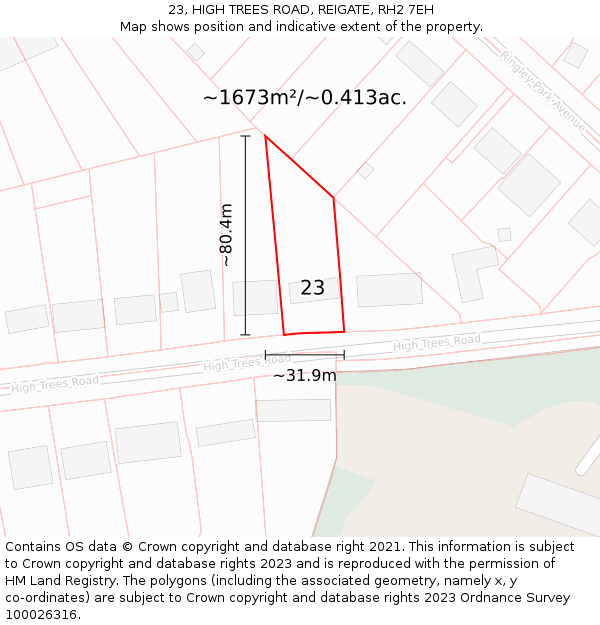 23, HIGH TREES ROAD, REIGATE, RH2 7EH: Plot and title map