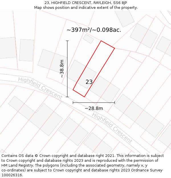 23, HIGHFIELD CRESCENT, RAYLEIGH, SS6 8JP: Plot and title map