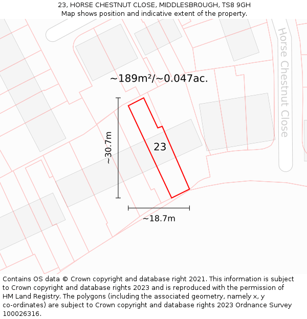23, HORSE CHESTNUT CLOSE, MIDDLESBROUGH, TS8 9GH: Plot and title map