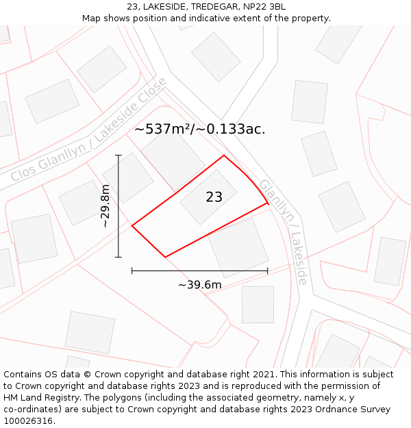 23, LAKESIDE, TREDEGAR, NP22 3BL: Plot and title map