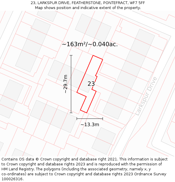 23, LARKSPUR DRIVE, FEATHERSTONE, PONTEFRACT, WF7 5FF: Plot and title map