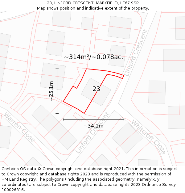 23, LINFORD CRESCENT, MARKFIELD, LE67 9SP: Plot and title map