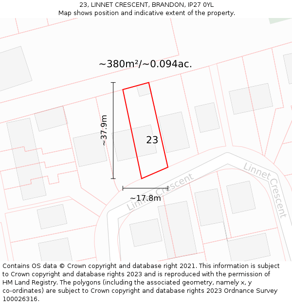23, LINNET CRESCENT, BRANDON, IP27 0YL: Plot and title map