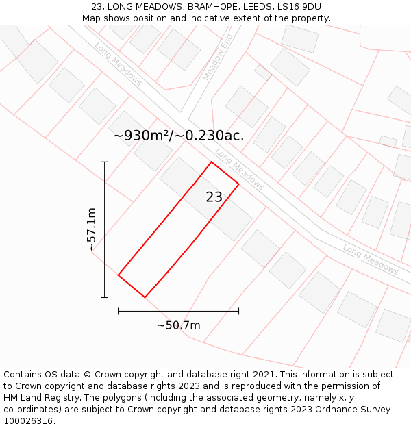 23, LONG MEADOWS, BRAMHOPE, LEEDS, LS16 9DU: Plot and title map