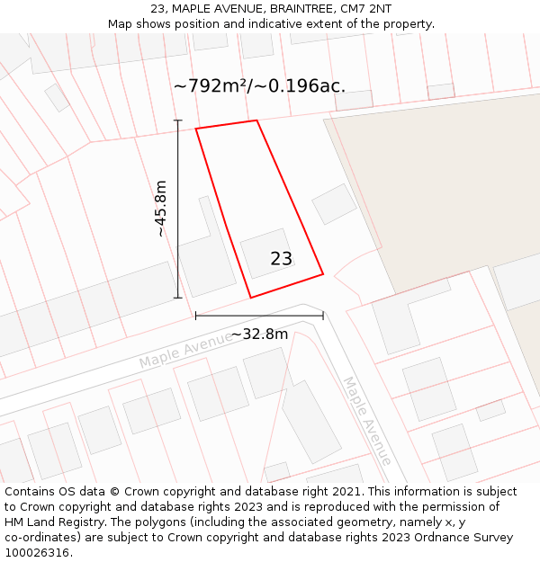 23, MAPLE AVENUE, BRAINTREE, CM7 2NT: Plot and title map